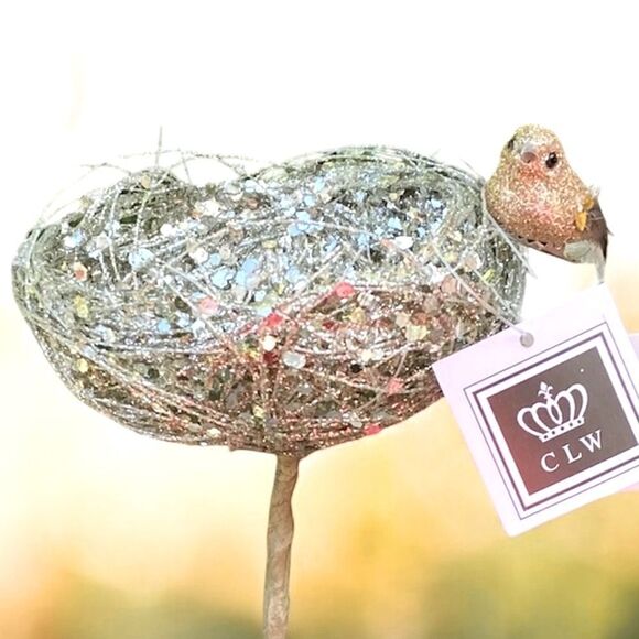 NWT New CLW Catherine Lillywhite's Silver Iridescent Decorative Accent Bird Nest - Picture 3 of 12